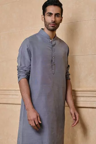 Buy elegant light grey silk men's kurta set with off-white pants