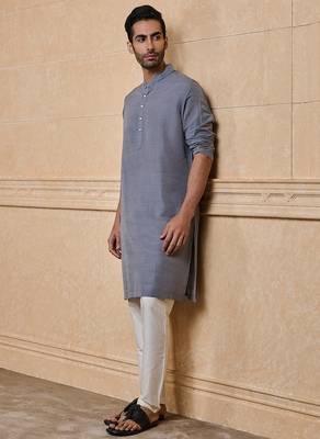 Buy elegant light grey silk men's kurta set with off-white pants 4