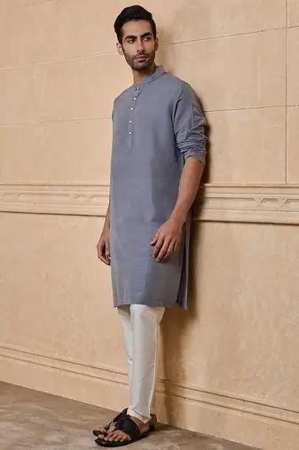 Buy elegant light grey silk men's kurta set with off-white pants