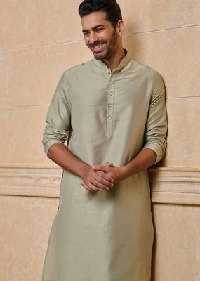 Buy elegant light green silk men's kurta set with off-white pants 2
