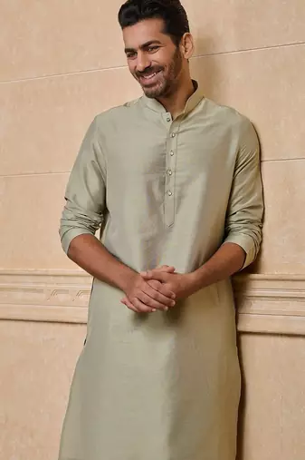 Buy elegant light green silk men's kurta set with off-white pants