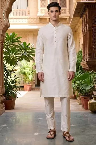 Buy elegant off white silk men's kurta set with off-white pants