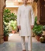 Buy elegant off white silk men's kurta set with off-white pants