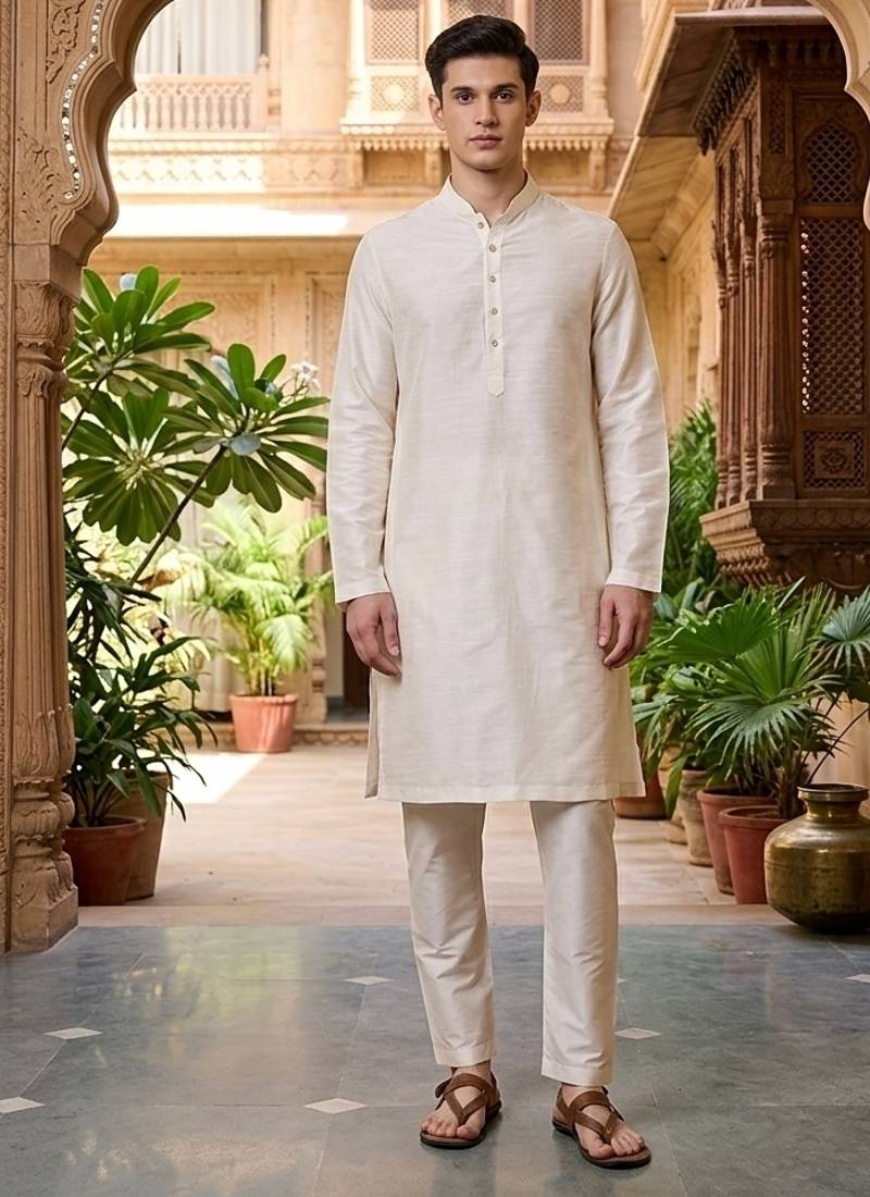 Buy elegant off white silk men's kurta set with off-white pants