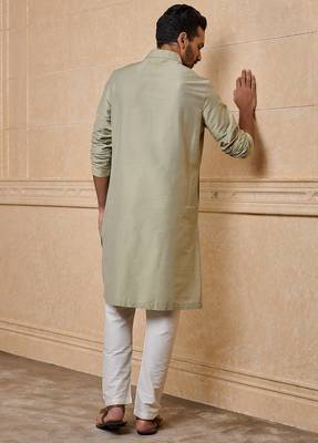 Buy elegant light green silk men's kurta set with off-white pants 3