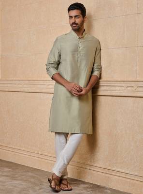 Buy elegant light green silk men's kurta set with off-white pants 4