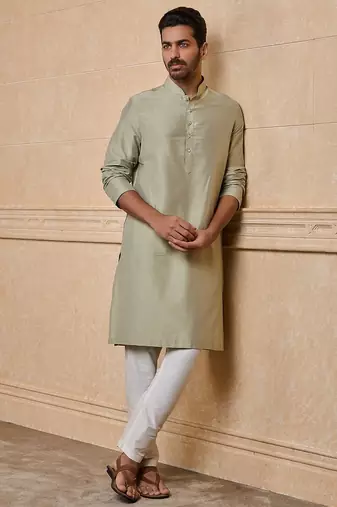 Buy elegant light green silk men's kurta set with off-white pants