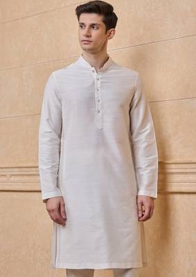 Buy elegant off white silk men's kurta set with off-white pants 2