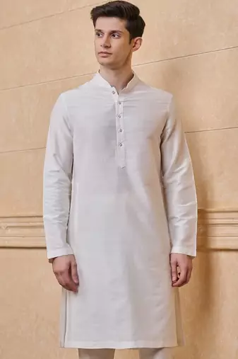 Buy elegant off white silk men's kurta set with off-white pants