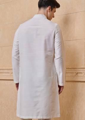 Buy elegant off white silk men's kurta set with off-white pants 3
