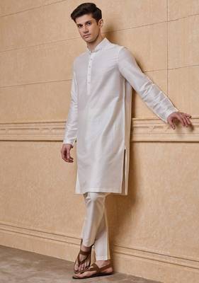 Buy elegant off white silk men's kurta set with off-white pants 4