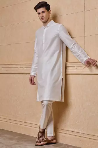 Buy elegant off white silk men's kurta set with off-white pants