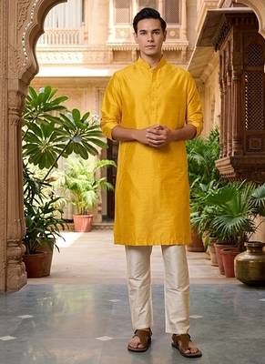 Buy elegant yellow silk men's kurta set with off-white pants 1