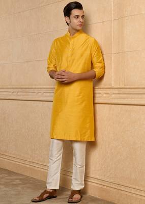 Buy elegant yellow silk men's kurta set with off-white pants 2