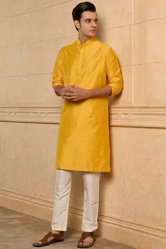 Buy elegant yellow silk men's kurta set with off-white pants