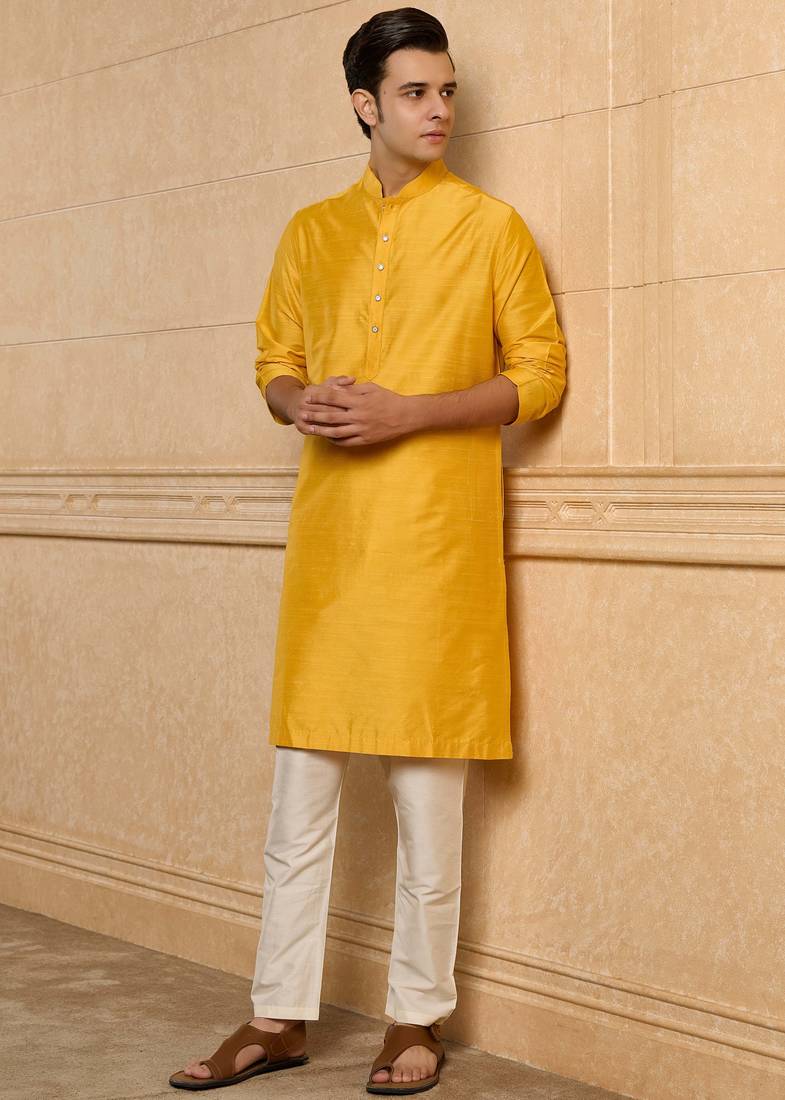 Buy elegant yellow silk men's kurta set with off-white pants