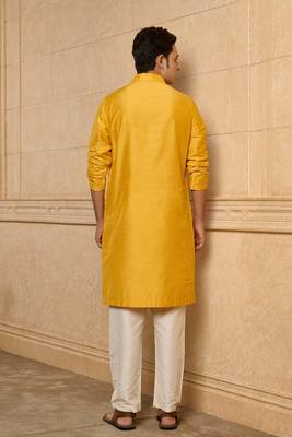 Buy elegant yellow silk men's kurta set with off-white pants 3