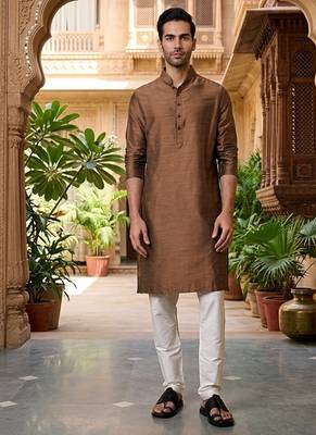 Buy elegant brown silk men's kurta set with off-white pants 1