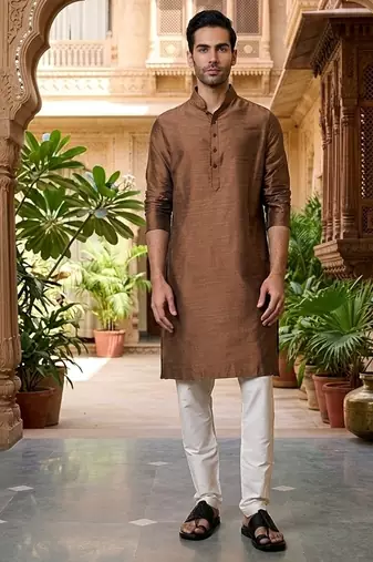 Buy elegant brown silk men's kurta set with off-white pants