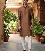 Buy elegant brown silk men's kurta set with off-white pants