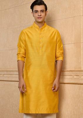 Buy elegant yellow silk men's kurta set with off-white pants 4