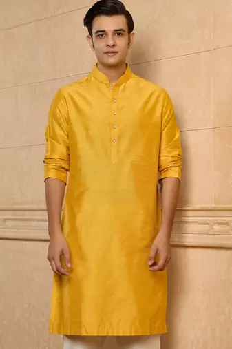 Buy elegant yellow silk men's kurta set with off-white pants