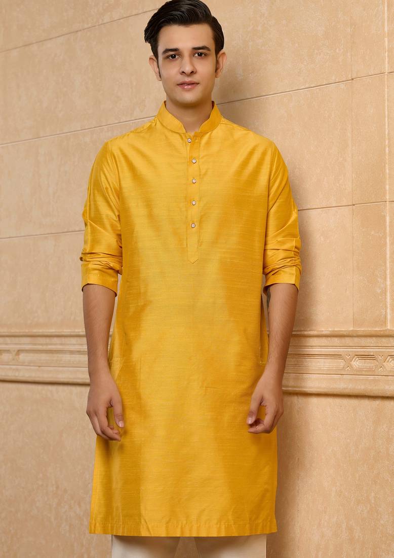 Buy elegant yellow silk men's kurta set with off-white pants