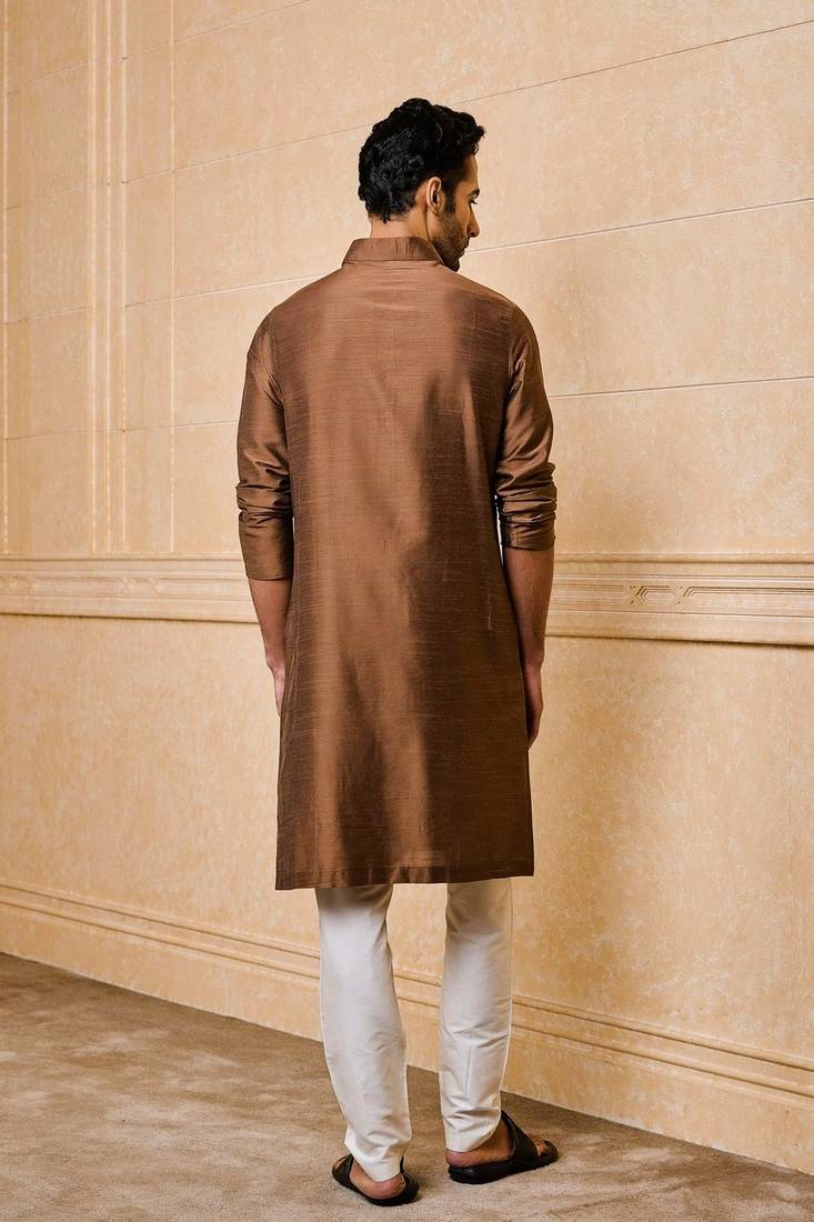 Buy elegant brown silk men's kurta set with off-white pants