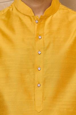 Buy elegant yellow silk men's kurta set with off-white pants 5