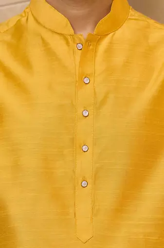 Buy elegant yellow silk men's kurta set with off-white pants