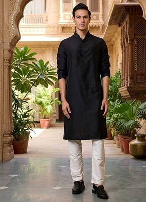 Buy elegant black silk men's kurta set with off-white pants 1