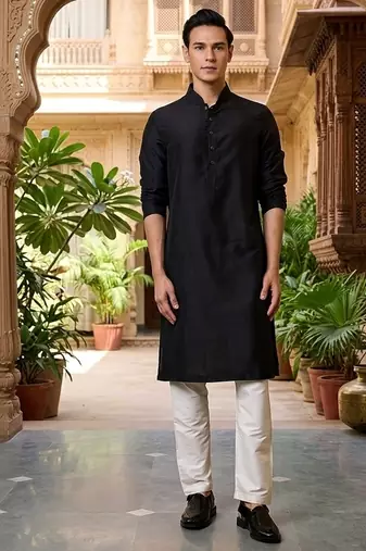 Buy elegant black silk men's kurta set with off-white pants