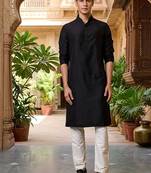 Buy elegant black silk men's kurta set with off-white pants