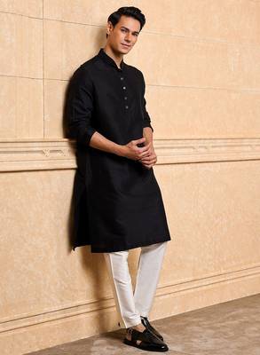 Buy elegant black silk men's kurta set with off-white pants 2
