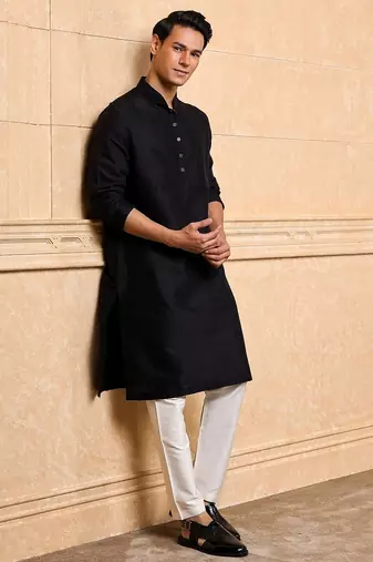 Buy elegant black silk men's kurta set with off-white pants