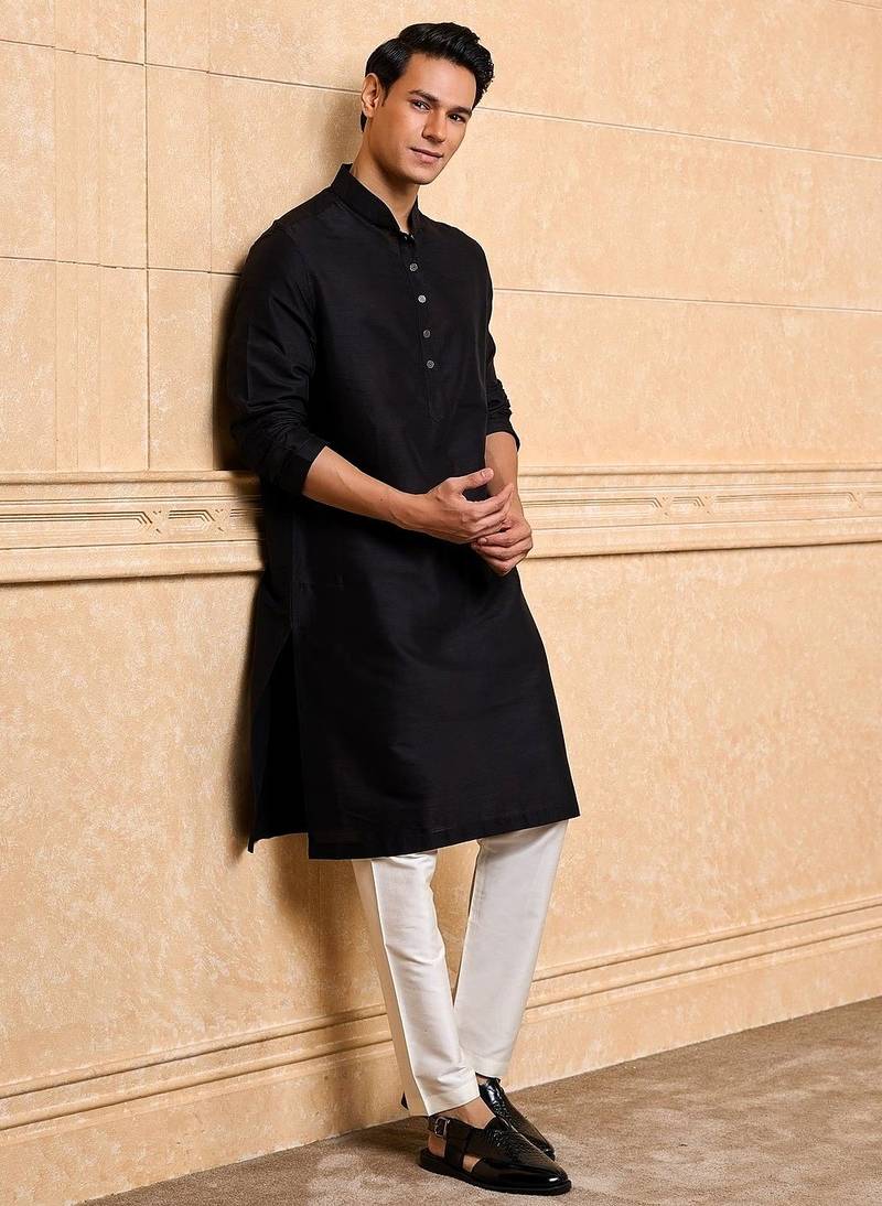 Buy elegant black silk men's kurta set with off-white pants