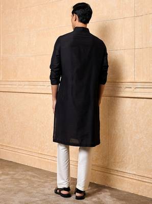 Buy elegant black silk men's kurta set with off-white pants 3