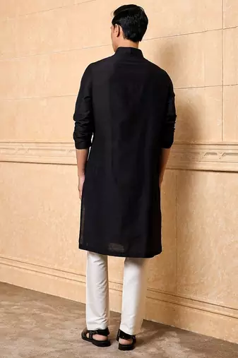 Buy elegant black silk men's kurta set with off-white pants