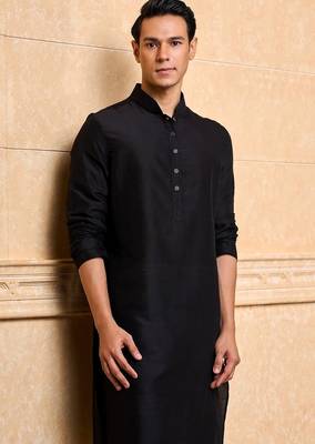 Buy elegant black silk men's kurta set with off-white pants 4