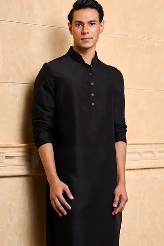 Buy elegant black silk men's kurta set with off-white pants