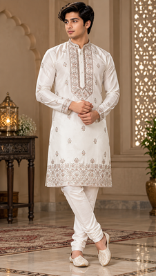 Elegant ivory embroidered kurta set for men 1
