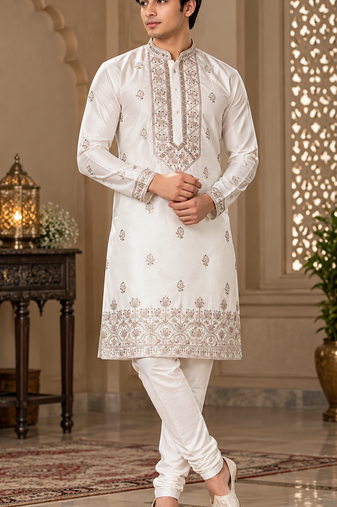 Elegant ivory embroidered kurta set for men
