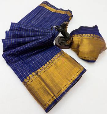 blue checkered banarasi silk blend saree 1