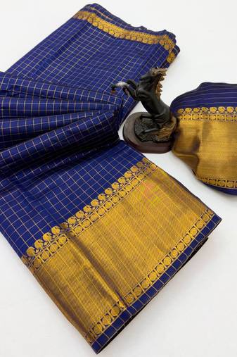 blue checkered banarasi silk blend saree
