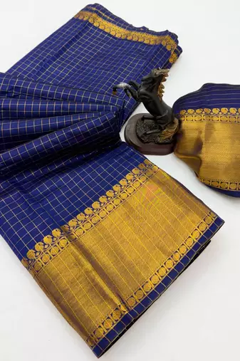 blue checkered banarasi silk blend saree