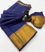 blue checkered banarasi silk blend saree