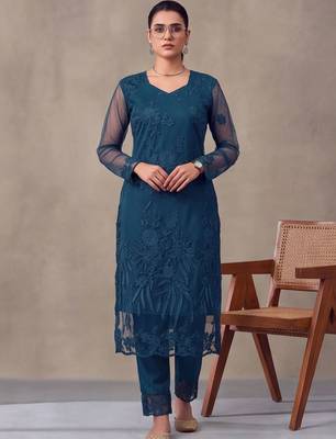 women embroidered regular thread work kurta with trousers & dupatta 1
