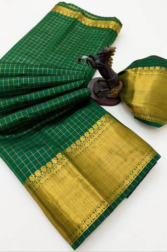 green checkered banarasi silk blend saree