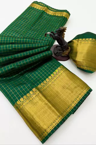 green checkered banarasi silk blend saree
