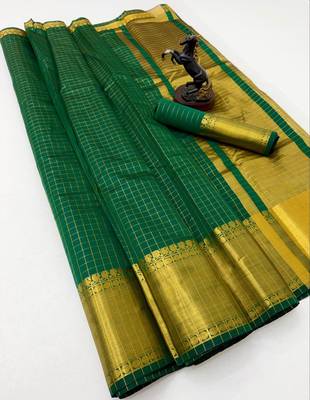 green checkered banarasi silk blend saree 2